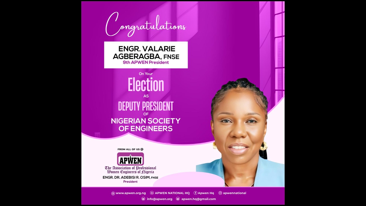  Engr. Valerie Ifueko Agberagba, FNSE elected Nigerian Society of Engineers Deputy President